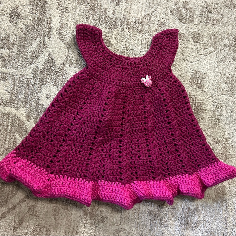 Hand Knit Baby Dress Magenta with Pink Ruffles Minnie Button Approx 12M